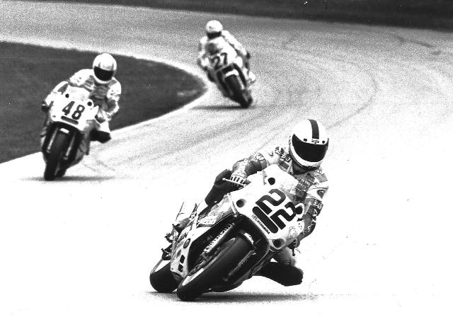 Russell - James - Arnaiz Yoshimura Suzuki teammates Scott Russell and Jamie James lead Yamaha privateer Rich Arnaiz in the AMA Superbike race at Road America in 1989. Shot under the Billy Mitchell Bridge, one of the most dangerous locations on the track for both rider and photographer. (Larry Lawrence photo)