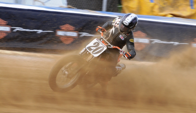 Weidman Sandblast Matt Weidman and his White’s Harley-Davidson XR750 get sandblasted as he powers into turn four at the Allen County Fairgorunds Half-Mile in qualifying for the Lima National. (Larry Lawrence photo)