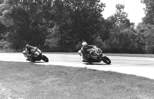 Berney-Peterson Brian Berney (56) and Bart Peterson (3) turned in a great race in the Yamaha-paying WERA B Production final at Blackhawk in 1985. Blackhawk was Berney’s home track, but Peterson studied Berney’s lines and on the final lap made his move to take the victory. (Larry Lawrence photo)