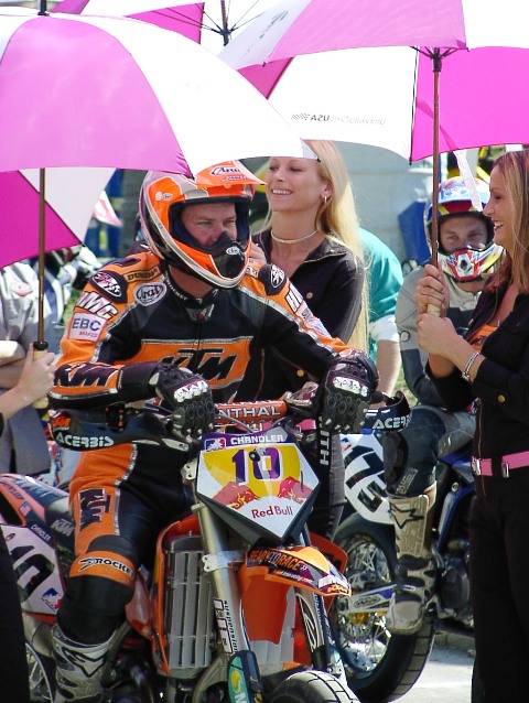 Doug Chandler preparing for an AMA Supermoto race in downtown Columbus, Ohio in October of 2003. Chandler stands alone as the only rider to win the “AMA Super Slam”. Chandler uniquely won all five forms of racing for the AMA Grand Slam, plus an AMA Supermoto National. (Larry Lawrence photo)