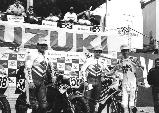 GSXR Final (From left to right) Mike Harth, Jamie James and Doug Polen stand on the winners' podium of the Suzuki GSXR Cup race during the WERA Grand National Finals in 1988. Polen won the race over James and Harth. (Larry Lawrence photo)