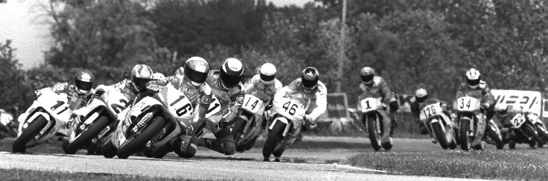 Indy WERA F2 - 1992 Robbie Petersen (16) was filling in for Colin Edwards int he WERA Air Tech Formula II race at Indianapolis Raceway Park in August of 1992. Petersen battled Chris D'Aluisio (2) for the entire race. D'Aluisio took the victory. (Larry Lawrence photo)