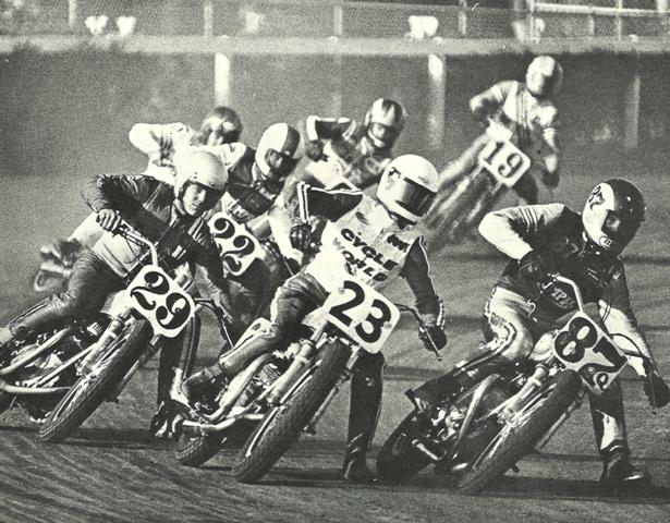 Joyner - 1971 001 Early ‘70s flat track action with all three leaders on British-made bikes. Chuck Joyner (87Q) is leading the way on a Triumph, followed by Jody Nicholas (23) on a Norton and Lloyd Houchins (29) on a BSA.