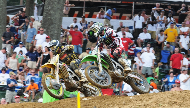 Metcalfe - Weimer Jake Weimer (No. 32 Monster Energy Kawasaki) and Brett Metcalfe (No. 24 Rockstar Suzuki) battle side by side over a jump at the Budds Creek National last month. (Larry Lawrence photo)