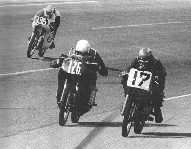 Arthur Tramontin (No. 17), of Clifton, New Jersey, races his Harley-Davidson Sprint side by side with Atlanta’s William Sowel (No. 126) on a Honda at the 1963 Daytona Lightweight race.