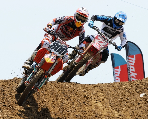 Mike Alessi on his Red Bull KTM, leads TwoTwo Motosports Honda’s Chad Reed at Budds Creek earlier this summer. Alessi is famous for getting great starts in motos and such was the case at Budds Creek. Reed got around Alessi and ended up winning the national with a 3-1, while Alessi went 5-5 for fifth overall. (Larry Lawrence photo)