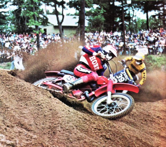 Factory Honda’s Pierre Karsmakers leads Bob Hannah in the first Southwick National in 1976. Karsmakers went on to win the race. It marked his final career AMA Motocross victory. (AMA press photo)