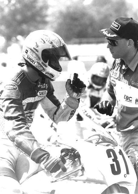Kling and Doan Racer Fritz Kling talks with his Gold Hill Racing mechanic Rich Doan before the start of a WERA Pro Formula USA race at Indianapolis Raceway Park in the early 1990s. Kling was one of the leading F-USA racers of that era. Doan a former racer turned mechanic, today is team coordinator for Yoshimura Suzuki. (Larry Lawrence photo)