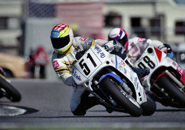 Kopecky, Kenny - 1991 Daytona-sm Suzuki-mounted Kenny Kopecky leads Colorado’s John Hopperstad in the 1991 Daytona 200. (Larry Lawrence photo)
