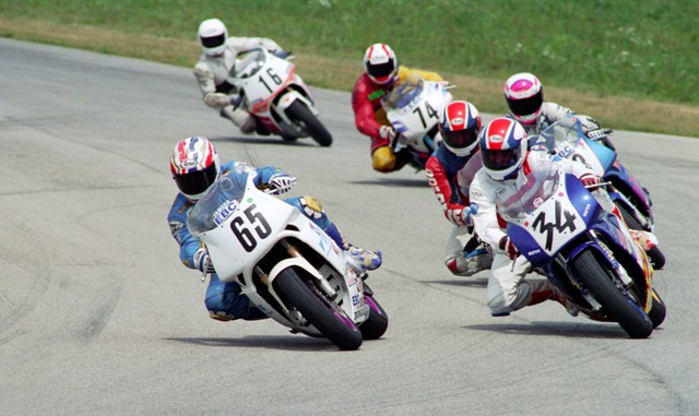 Glenn Szarek leads Billy Eisenacher in a WERA Sprint race at Putnam Park in 1994. Szarek, from Virginia, and Eisenacher, from Georgia, came up to the North Central Region and took home the lion’s share of that weekend’s Yamaha contingency money. (Larry Lawrence photo)