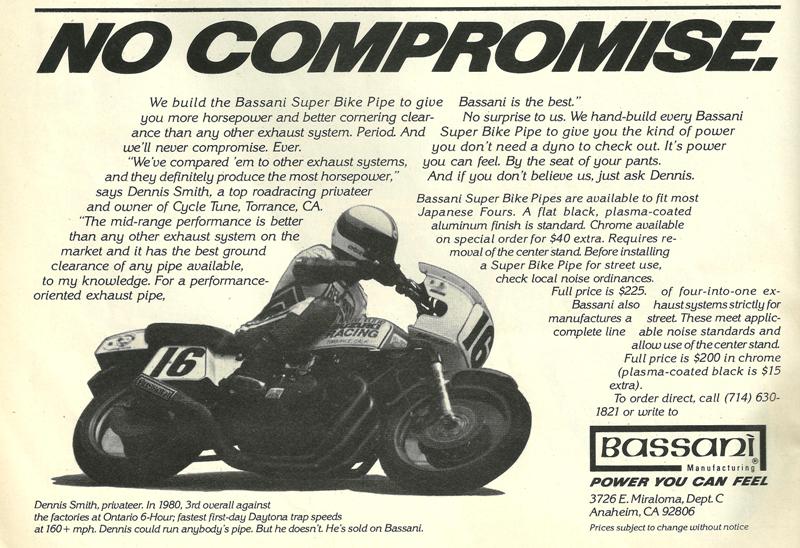 Bassani Here’s a 1981 advertisement for Bassani Exhaust featuring Superbike racer Dennis Smith.