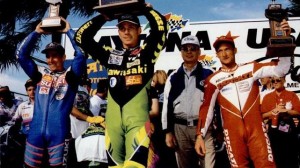 Daytona 200 '95 The 1995 Daytona 200 podium with Thomas Stevens, Scott Russell and Carl Fogarty. (Courtesty DIS)