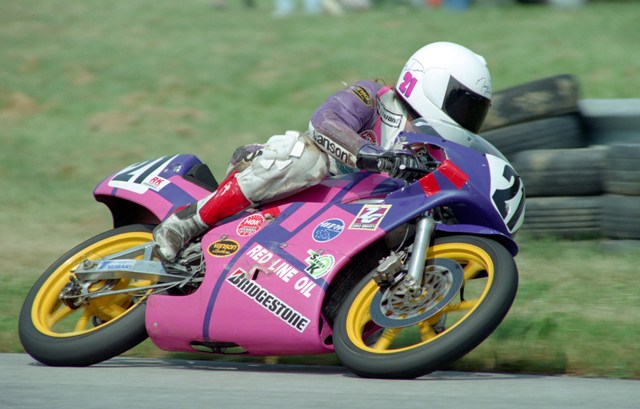 Dewar, Nancy - Putnam Aug. '94 Nancy Dewar was a leading WERA Formula 3 (125GP) rider of the mid-1990s. The Canadian came down to Putnam Park in August of 1994 and won the Formula 3 Expert race on her Honda. (Larry Lawrence photo)