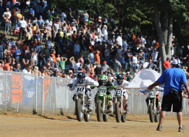 Lewis - Peoria '11 Johnny Lewis (No. 10), Shaun Russell (No. 28), Brad Baker (No. 12) and JD Beach (95) battle for a top-10 finish on the final lap of this year’s Peoria TT National. In the end they finished in this order with Lewis scoring 10th. (Larry Lawrence photo)