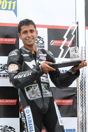 LTD satNJ004-SM AMA Pro SuperSport West champ David Gaviria charged from the third row to third place in Saturday’s AMA Pro SuperSport race at Millville, New Jersey. The Colombian faced a tough qualifying after mechanical issues but the Gaviria once again proved his heart by battling his way to the podium. (Brian J. Nelson photo)