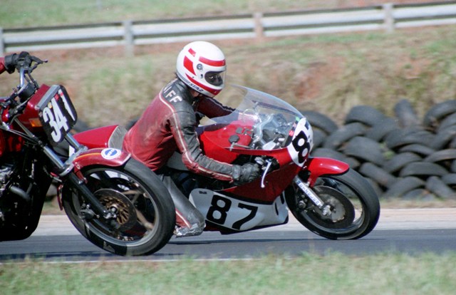 Maliff, David - GNF '84 Dave Maliff races his Yamaha TZ250 past another rider on the last turn at Road Atlanta during the 1984 WERA Grand National Finals. (Larry Lawrence photo)