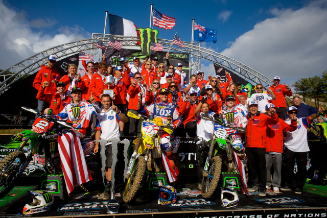 For the 22nd time in history and for the seventh consecutive year, the U.S. team has proven itself the best in the world at the FIM Motocross of Nations. Thanks to an impressive final moto, where U.S. riders finished first and second, Ryan Dungey, Ryan Villopoto and Blake Baggett stood victorious at the 2011 FIM Motocross of Nations at Saint Jean D'Angely, France, on Sept. 18. (Photo by Jeff Kardas)
