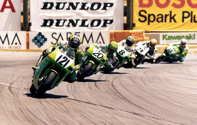 This photo shows how deep the field was. It was a mid-pack battle with Pascal Picotte (No. 121), on the Muzzy Kawasaki, leading German Jochen Schmid (No. 20) on a factory Kawasaki, Team Kawasaki Italy’s Piergiorgio Bontempi  (No. 8), Gianmaria Liverani (No. 28) on the Team Gattolone Ducati, and Brit John Reynolds on the No. 33 Revé Racing Kawasaki. Picotte scored a 15th and 10th in the two races. (Alan Sessarego photo)