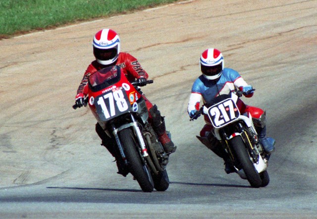 James Trimble racing his Yamaha FJ600 ahead of fellow novice rider Ron Ewerth at the 1984 WERA Grand National Finals. A few weeks earlier Trimble, who was in his first year of road racing, earned the distinction of becoming AMA/CCS’ first double national champion when he swept the Formula 2 and Middleweight Superbike Novice classed at the Daytona Race of Champions.  (Larry Lawrence photo)