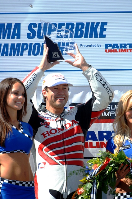 Zemke-Miller '06 Jake Zemke celebrates his AMA Superbike win at Miller Motorsports Park in June of 2006. It marked the first victory for Honda in the series in nearly two years and broke a 14-race win streak for Suzuki in the series dating back to August of 2005. Zemke, also hadn’t won since 2004. (Riles/Nelson photo)