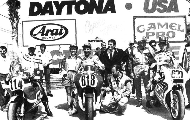 1987 Daytona Pro Twins Flat tracker Scott Parker (No. 114) had never road raced, but he scored a podium result on Harley-Davidson’s famous Lucifer’s Hammer in his very first try on the pavement at the 1987 Daytona Pro Twins final. Parker took third behind winner Marco Lucchinelli (No. 618) and second-place Stefano Caracchi (No. 621), both Ducati mounted. (Courtesy DIS)