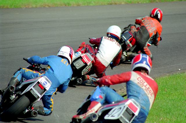 Chivington - Grattan Dan Chivington, on his Suzuki, is holding off a trio of talented Yamaha riders – Terry Hampton, Ed Key and Fritz Kling – at Grattan Raceway during a WERA B Production money race. (Larry Lawrence photo)