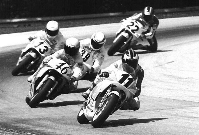 DAluisio-Chris-Rd-Am-90 Chris D'Aluisio (11) leads Doug Brauneck (46), Rick Kirk (39), Tom Paris (13) and Al Salaverria (22) in the Road America AMA 250 Grand Prix race in 1990. D’Aluisio went on to win three straight AMA 250 Grand Prix races (1990, ’91 & ’92) at Road America. (Larry Lawrence photo)