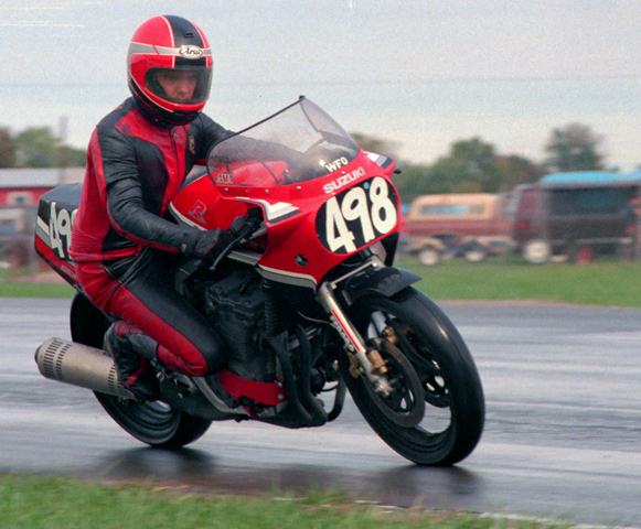 Edward Hessel tip-toes through the carousel turn at Indianapolis Raceway Park after a rain shower turned the already slick corner into an ice-like surface. (Larry Lawrence photo)