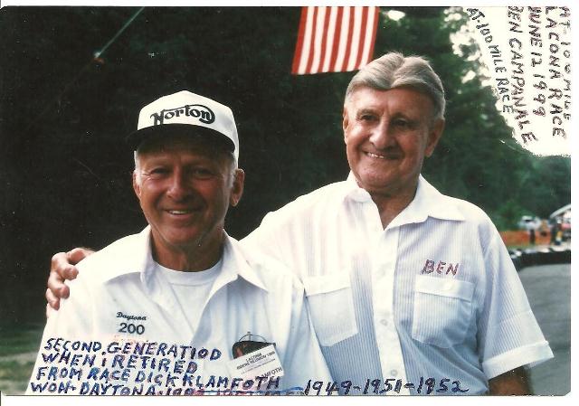 Klamfoth - Campanale '99-sm Dick Klamfoth (the first three-time Daytona 200 winner) and Ben Campanale (the first two-time winner of the Daytona 200) at a Laconia reunion in 1999.