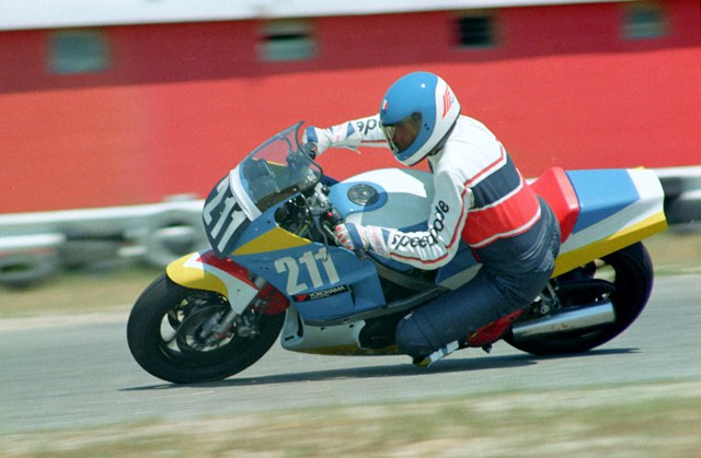 Montenegro - Rock '86 Tony Montenegro was still a novice road racer when he ran this WERA sprint race at Rockingham in April of 1986. He went on to become one of the leading Harley-Davidson 883 road racers of the early 1990s. (Larry Lawrence photo)