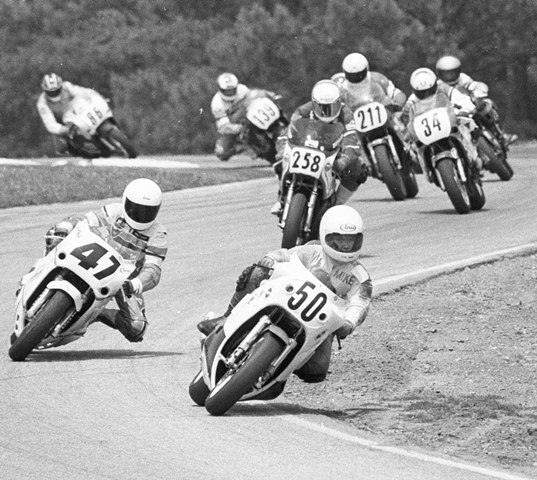 Reed, Mike - Rd Atl 6-89 Mike Reed leads Danny Roberts and the rest of the pack in a WERA A Superbike race at Road Atlanta in June of 1989. (Larry Lawrence photo)