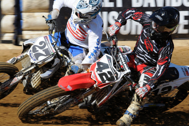 Smith - Pearson Bryan Smith (No. 42) and Rob “Bugs” Pearson (No. 27) battle wheel to wheel at this year’s Peoria TT National. The track produced some great racing this year. Pearson was on the move and eventually made the pass stick on Smith. Bugs finished fifth in the national, while Bryan took eighth. (Larry Lawrence photo)