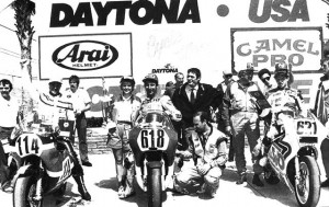 1987 Daytona Pro Twins Flat tracker Scott Parker (No. 114) had never road raced, but he scored a podium result on Harley-Davidson’s famous Lucifer’s Hammer in his very first try on the pavement at the 1987 Daytona Pro Twins final. Parker took third behind winner Marco Lucchinelli (No. 618) and second-place Stefano Caracchi (No. 621), both Ducati mounted. (Courtesy DIS)