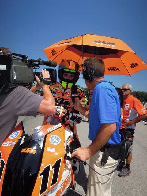 Jason Pridmore asks Chris Fillmore a few questions for the SPEED TV broadcast as Fillmore readies for his AMA Superbike debut at Mid-Ohio earlier this summer. It marked the first race for the factory-backed KTM RC8. Fillmore surprised a lot of people by scoring a very solid seventh in that first race. (Larry Lawrence photo)