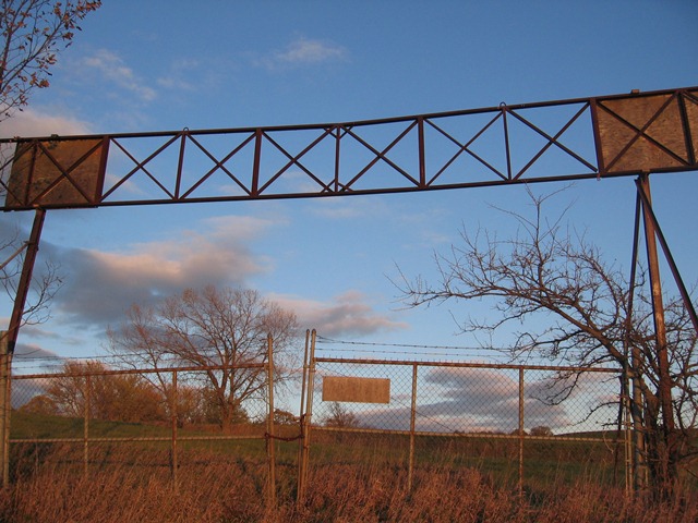 The now dilapidated entrance to Greenwood Roadway near Indianola, Iowa. The track hosted AMA National Road Races in the mid-1960s. (Larry Lawrence photo)