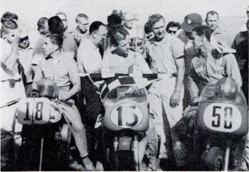 Ralph White (No. 15 Matchless) won the national at Greenwood Roadway in 1965 over Harley-Davidson riders Cal Rayborn (No. 50) and Mert Lawwill (No. 18).