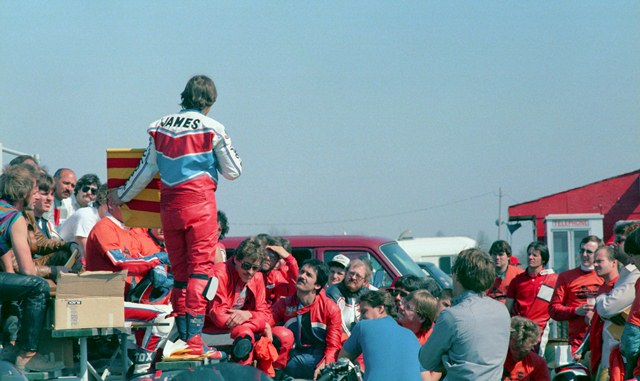 James, Jeff- IRP 4-86 Riding instructor Jeff James explains the debris flag to a class of students at a WERA Riding School at Indianapolis Raceway Park in April of 1986. (Larry Lawrence photo)