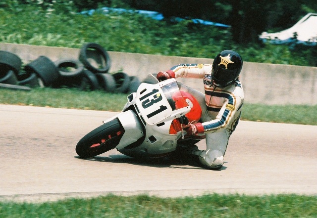 Knott - Blackhawk '87 Boonie Knott lays his Honda 600 Hurricane on its side as he rips through a turn at Blackhawk Farms Raceway in a WERA race, probably in 1987. (Larry Lawrence photo)
