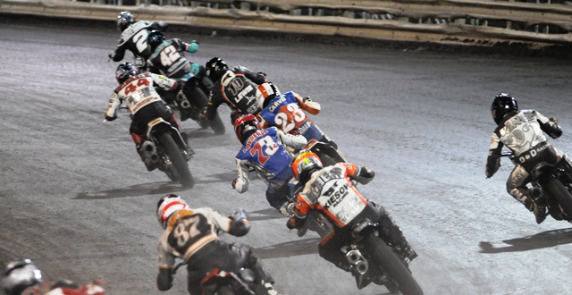 Typical close Grand National Heat race racing action from this past September’s Knoxville Half-Mile AMA Grand National with Kenny Coolbeth leading this pack that includes Bryan Smith (42), Brandon Robinson (44), Johnny Lewis (10), Jeffrey Carver Jr. (23), Doug Lawrence (73), Kevin Vance (silver and black leathers), Corby Scherb and Mick Kirkness. (Larry Lawrence photo)