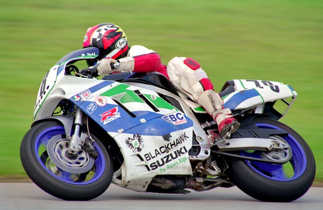 Ohioan Brian Kohl racing his Suzuki in a WERA Pro event at Indianapolis Raceway Park in August of 1992. Kohl was a solid Superstock rider, but really made his name racing the Harley-Davidson 883 Series in the mid-1990s. (Larry Lawrence photo)