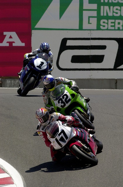 Laguna AMA SB 2001 Miguel Duhamel (No. 17), Eric Bostrom (No. 32) and Mat Mladin (No. 1) were this close late in the race. Bostrom said finding a way around Duhamel that day was one of the toughest tasks he ever faced. (Photo by Riles/Nelson)
