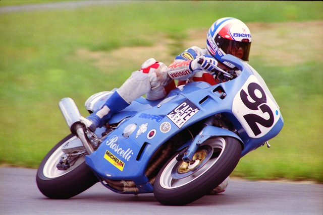 Macheca, Matt - Putnam 6-92 Matt Macheca corners his Bimota at a WERA A Superstock race at Putnam Park Road Course in June of 1992. Bimotas weren’t all that common on the grids of club races in that era. (Larry Lawrence photo)