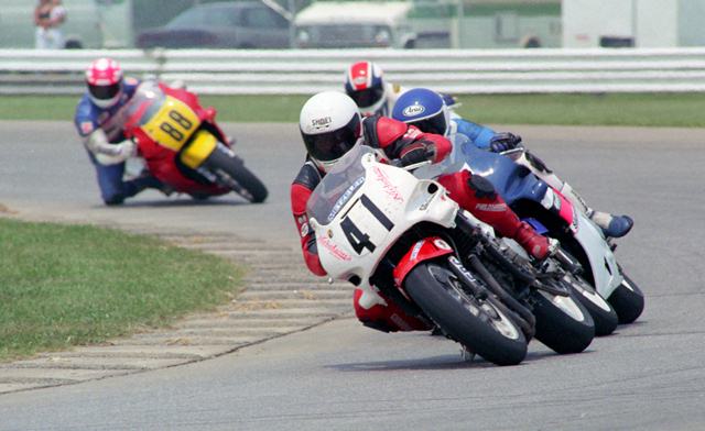 Nicholson's Nicholson’s Ann Arbor en route to victory in the Mediumweight Production class in the WERA National Endurance race at Indianapolis Raceway Park 4-Hour in July of 1993. (Larry Lawrence photo)