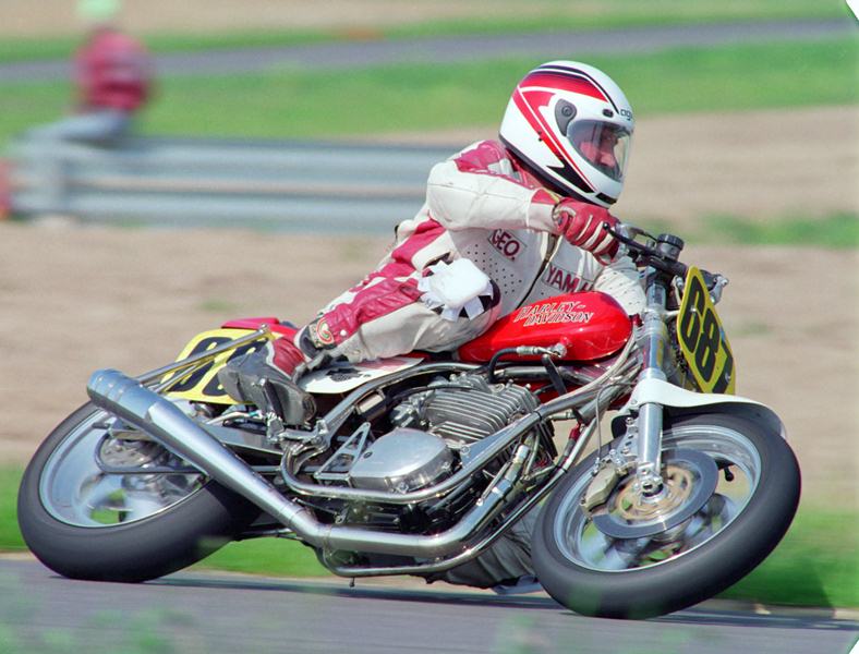 The late George Tapscott road racing a Harley-Davidson badged Rotax in a WERA race at Putnam Park Road Course in May of 1992. (Larry Lawrence photo)