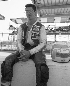 Osowski, Sean Sean Osowski sits on Daytona's pit wall getting ready to race in 1989. He's wearing hand-me-down leathers from his older brother Joey, who was a multi-time WERA National Endurance champ. (Larry Lawrence photo)