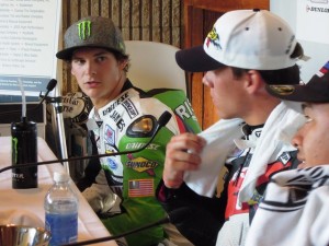 Rispoli - Mid-O Rispoli here talking about another podium finish in a press conference at Mid-Ohio with fellow competitors Hayden Gillim and Tomas Puerta looking on. (Larry Lawrence photo)