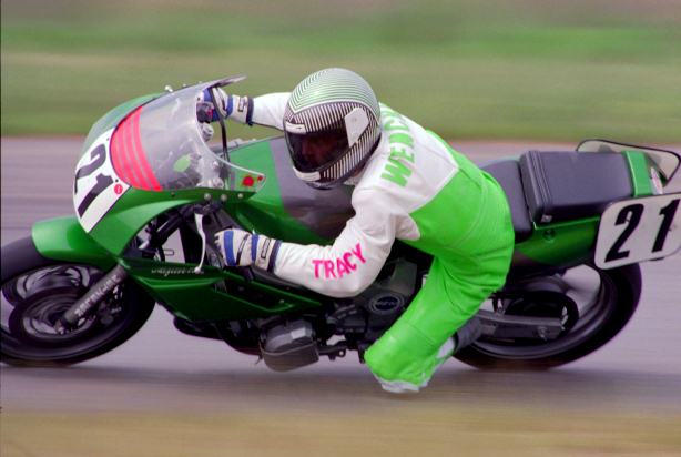 Wencke, Darrell - Putman 6-92 Darrell Wenke flicks his Yamaha FZR400 through a corner en route to victory in a WERA D Superbike race at Putnam Park Road Course in Mt. Meridian, Indiana, in June of 1992. (Larry Lawrence photo)