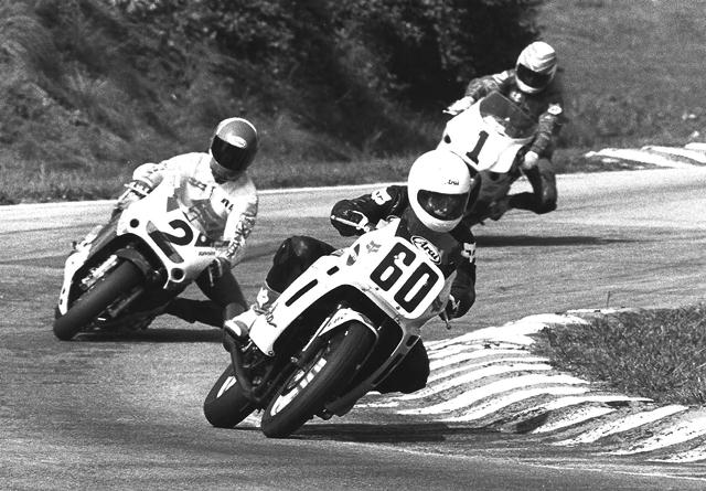 Jim Still, on the We’re Human Too Suzuki (No. 60), ahead of Team Suzuki Endurance rider Mike Smith (No. 2) and Kurt Hall on the Human Race Team Yamaha (No. 1) in a WERA National Endurance race at Road Atlanta in 1989. (Larry Lawrence photo)