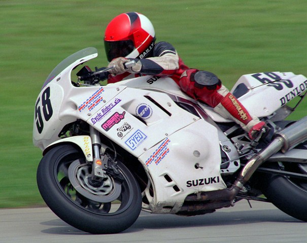 Bailly, Phil - IRP Aug. '92 Phil Bailly taking the carousel on the Progressive Racing Suzuki GSXR100 at Indianapolis Raceway Park on August 8, 1992, during a Vanson/PM WERA National Endurance 4-Hour. (Larry Lawrence photo)