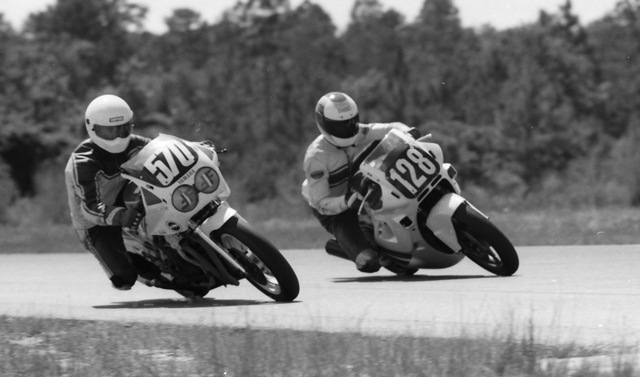 Cortez & Moffitt Moffitt (128) came to Roebling Road a few months after the shot above at Talladega and had a Honda 600 Hurricane. Here he battles with Fabian Cortez in a WERA C Prodution Novice race. Moffitt topped Cortez in two classes that day. (Larry Lawrence photo)
